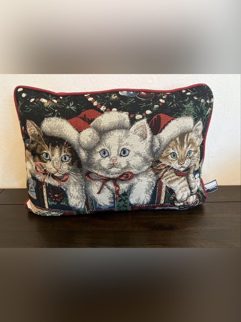 Christmas Holiday Kitten Cats Tapestry Pillow Throw Rectangle Lumbar 17”
